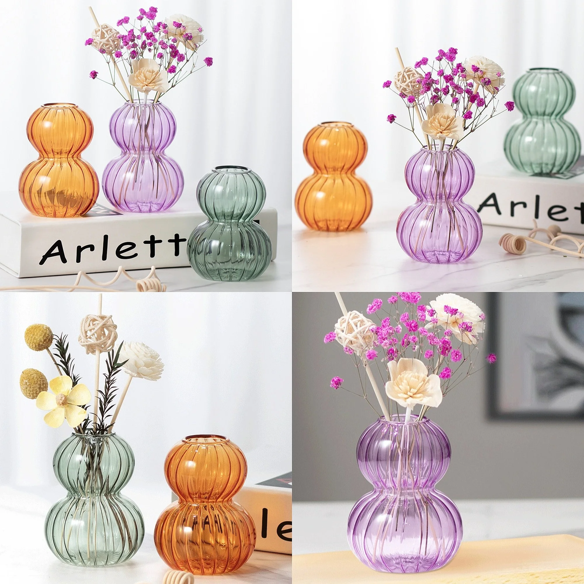 Nordic Vertical Striped Transparent Glass Gourd Vase Desktop Decor Home Office Gift