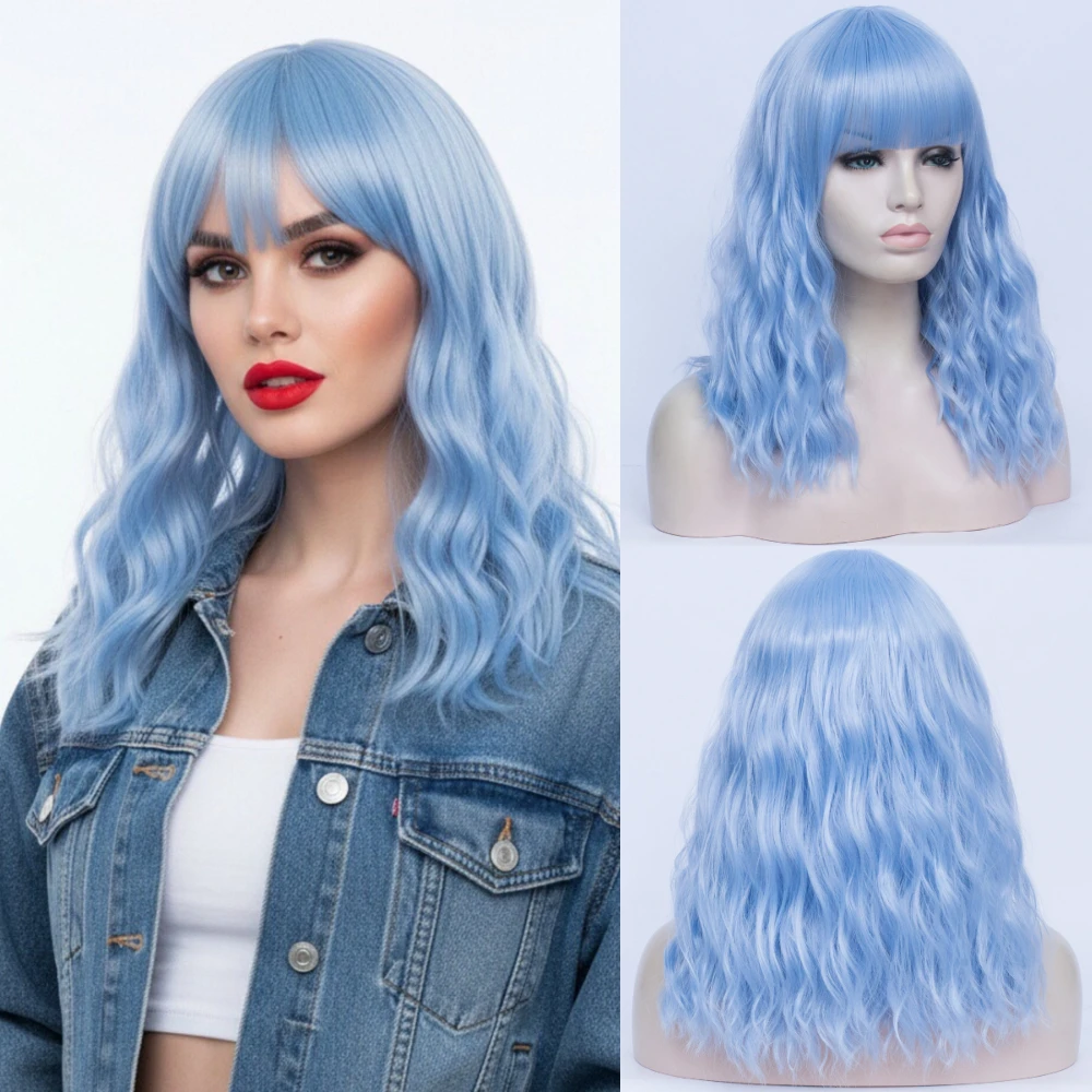 

Blue Synthetic Wig Short Wavy with Bangs High-Temperature Silk Full Head Cover Wig for Daily Party Cosplay