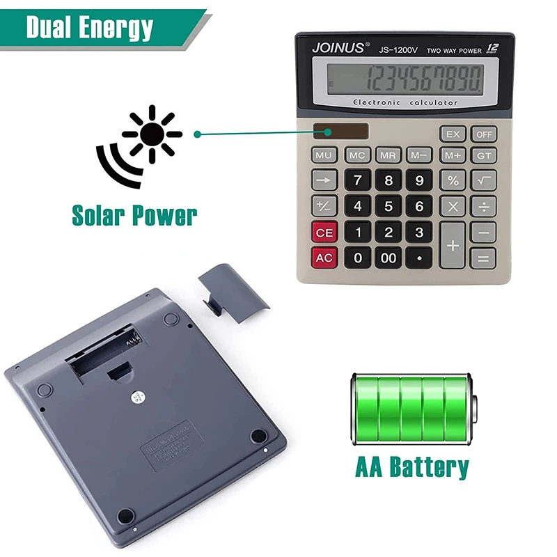 Calculator, 12-Digit Solar Battery Office Desk Calculator with Large LCD Display, Dual Power Desktop Calculators