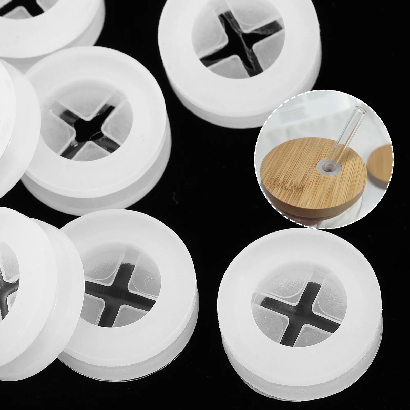 

20 Pcs Silicone Stopper for Mason Jar Lids White Transparent Wood Cover Straw Hole Plugs Dustproof Leakproof Easy Clean
