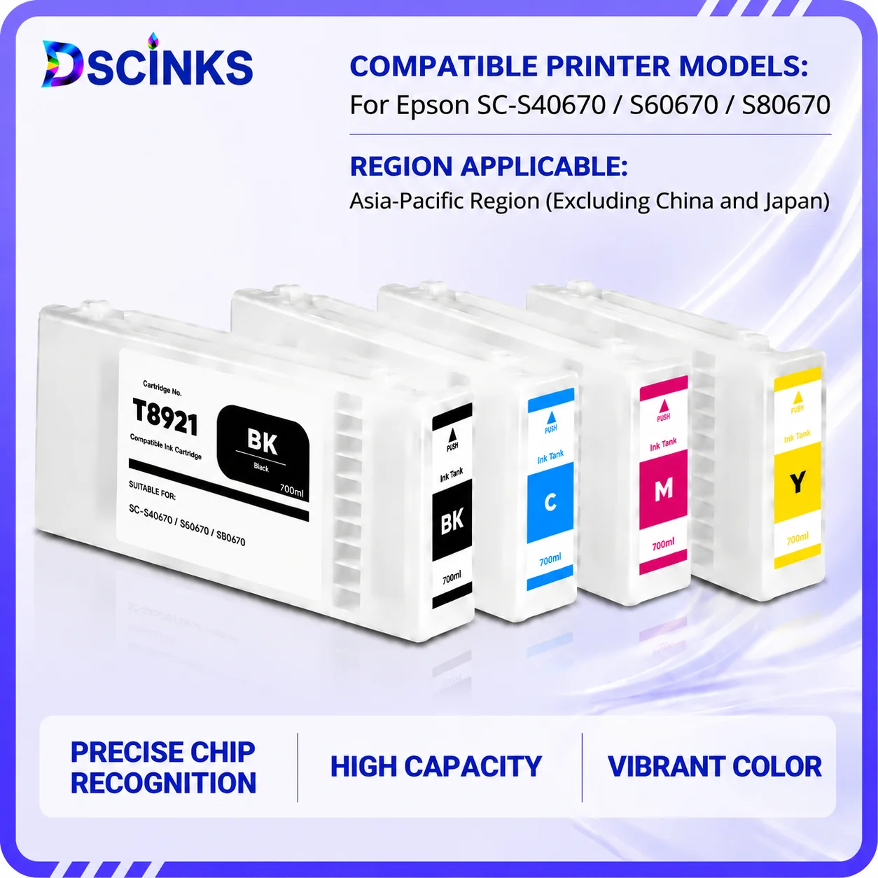 700ML T8921‑T8924 Eco‑Solvent Ink Cartridge  Disposable Chip For Epson SureColor SC‑S40670 SC‑S60670 SC‑S80670 Printing
