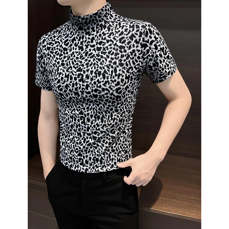 

High Neck Leopard Print Men's Short Sleeved T-shirt Fashion Versatile Casual Social T-shirt Social Streetwear Bottom Shirt Top
