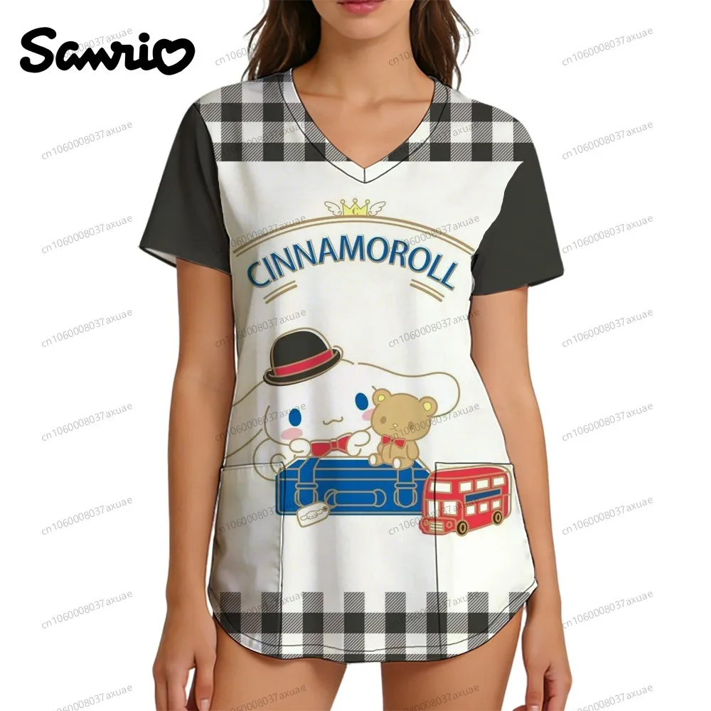

2026 Y2k Tops Workwear Kawaii Sanrio Cinnamoroll Polka Dot V Neck Streetwear Clothing New Women Summer Top Women's T-shirts Cute