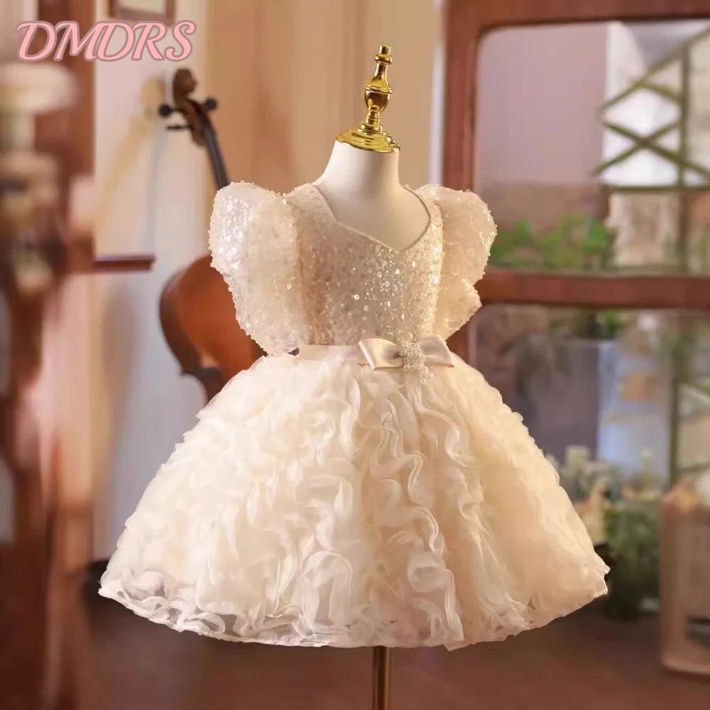 2024 Fashion Cute Sparkly Brithday Girl Dress in primo piano Glitter Flowers and Pearls abbigliamento per la comunione per Kid Puffy Skirt