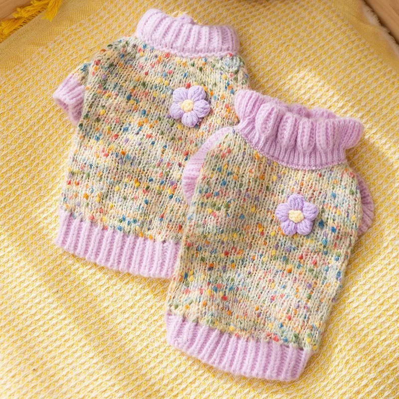 Colorful Yarn Small Flower Teddy Sweater Cozy Warm Dog Clothes Teddy Winter Clothes Puppy Soft Knit Wholesale Cat Clothing