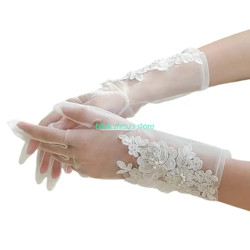 E15E قفازات زفاف شبكية متينة من الدانتيل، ملابس ناعمة لحفلات التصوير الفوتوغرافي وإكسسوارات يد العروس