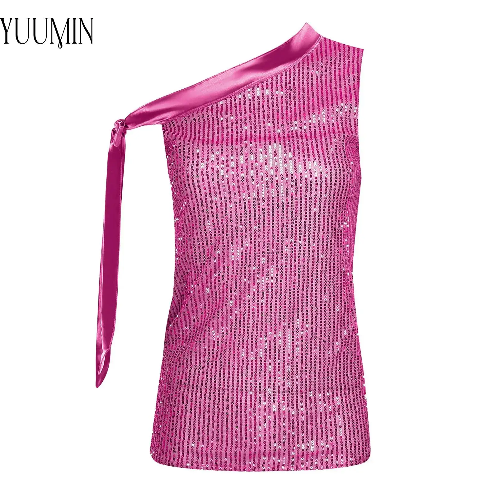 

Children's Sparkly Sequin Dance Vest Girl Shiny Sleeveless Irregular Shoulder Ribbon Lace-up Tank Tops Kids Performance Clothing