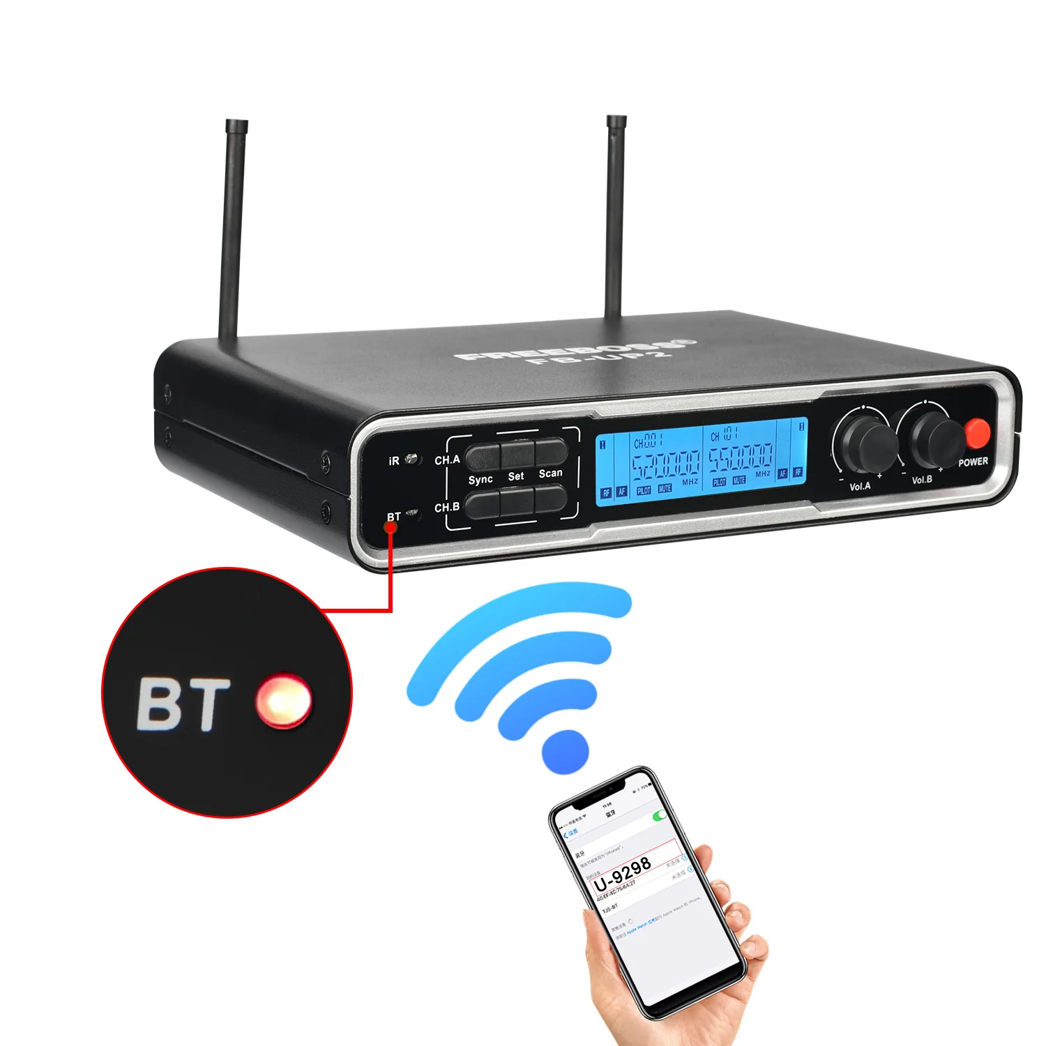 Freeboss Uhf Draadloze Microfoon 2*100 Kanalen Bluetooth Auto Scan Frequentie Functie 18650 Li-Batterij Dynamische Mic FB-UP2
