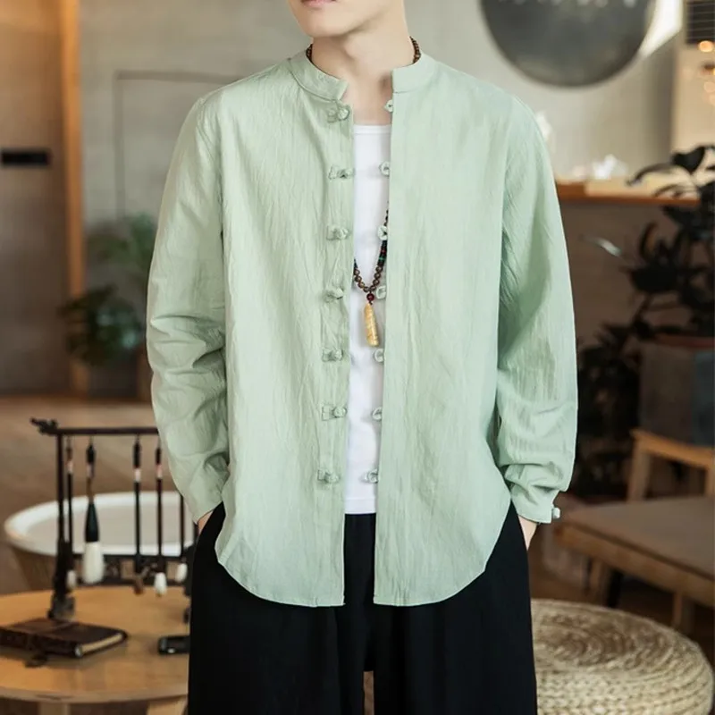 Linen Shirts For Men Chinese Style Long Sleeve Retro Buttoned Shirt Solid Color Stand-up Collar Loose Shirts Plus Size