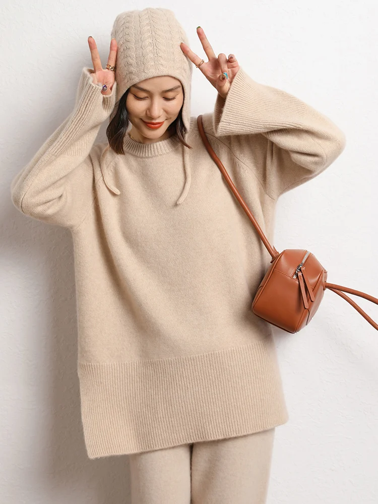 가을 겨울 캐주얼 루즈한 두꺼운 스웨터 그레이스 레트로 100% 캐시미어 니트 풀오버 솔리드 컬러 기본 사이드 스플릿 오피스 레이디