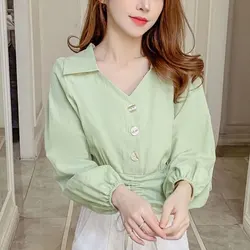 Women's Monochromatic Shirring Shirt, Korean Fashion, Long Sleeve, Temperament, All-Match Slim Tops, Spring Clothes, New Style