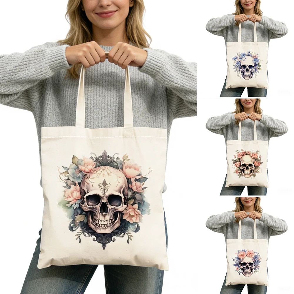 

Fashion Watercolor Art Lady Shopper Satchel Double Print Gothic Women Daily Use Tote Bag Floral Skull Girl Shopping Bags 40x45cm