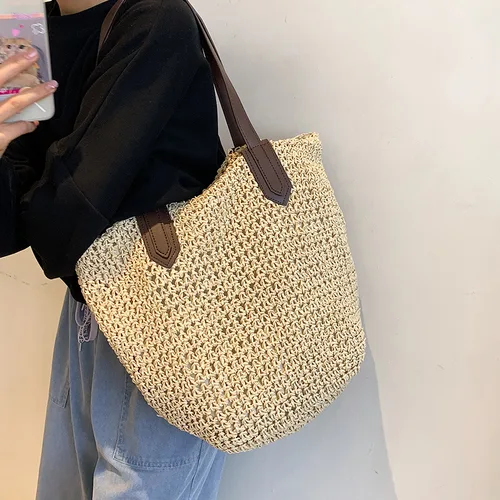 Imagen 2 del producto Bolsos de playa de verano para mujer, bolsos de hombro tejidos de ratán hechos a mano, bolso de paja de gran capacidad, bolso de viaje informal bohemio, bolsos de mano
