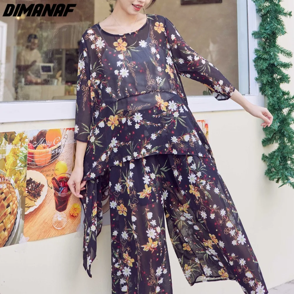 

DIMANAF 2024 Summer Plus Size Two Piece Set Suit Women Chiffon Vinatge Print Elegant Lady Tops Loose Pants Female Suit Summer