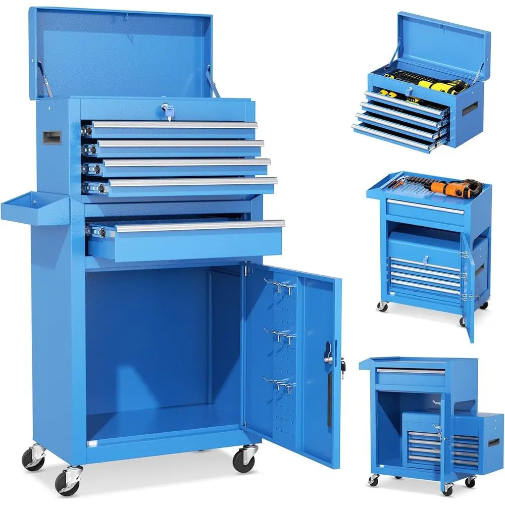 

Металлический инструментальный ящик на 5 ящиков с отсоединяемым верхним отсеком, на запирающихся колесах, для мастерской или гаража