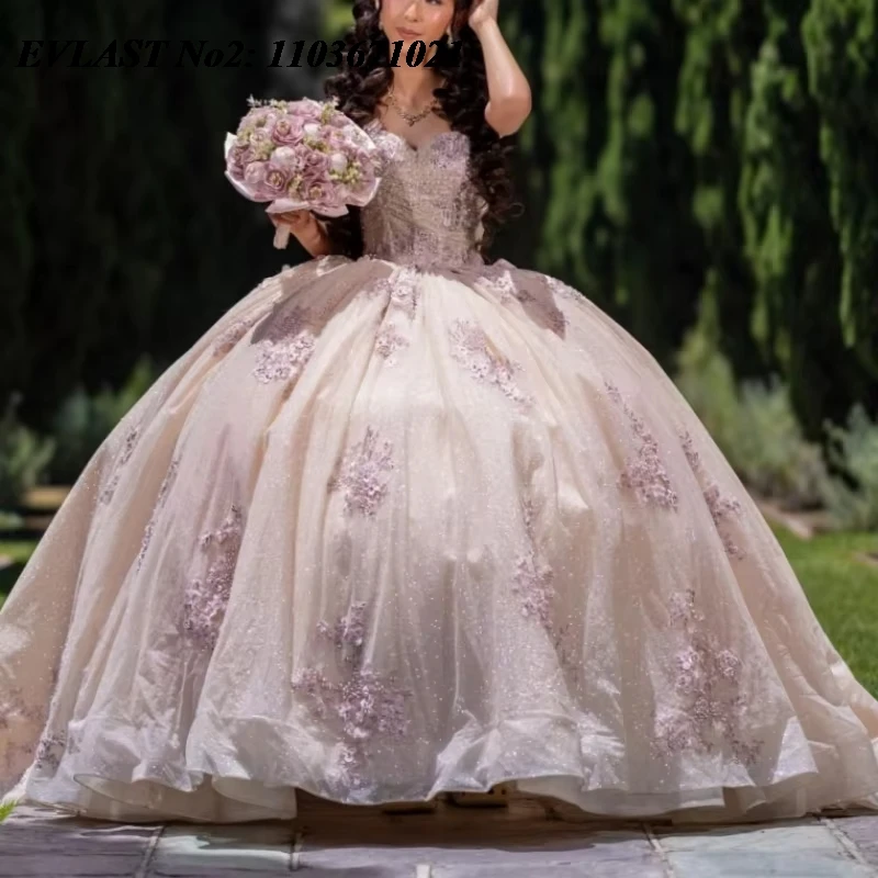 

EVLAST блестящее розовое платье Quinceanera по индивидуальному заказу, бальное платье с цветочной аппликацией и бисером, бант, корсет Sweet 16, Vestidos De 15 Anos E2Q34