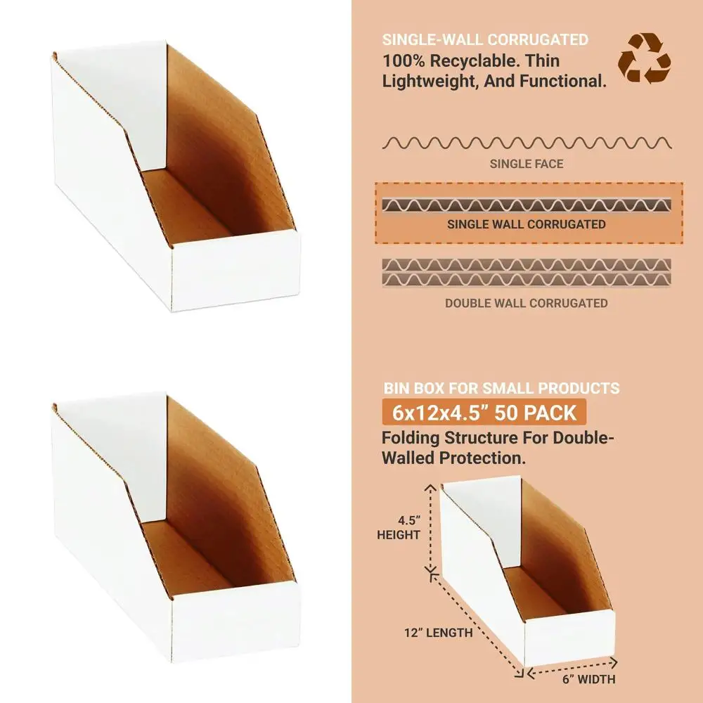 

50-Count 6x12x4.5 Corrugated Cardboard Storage Bins for Packing, Moving, and Storage