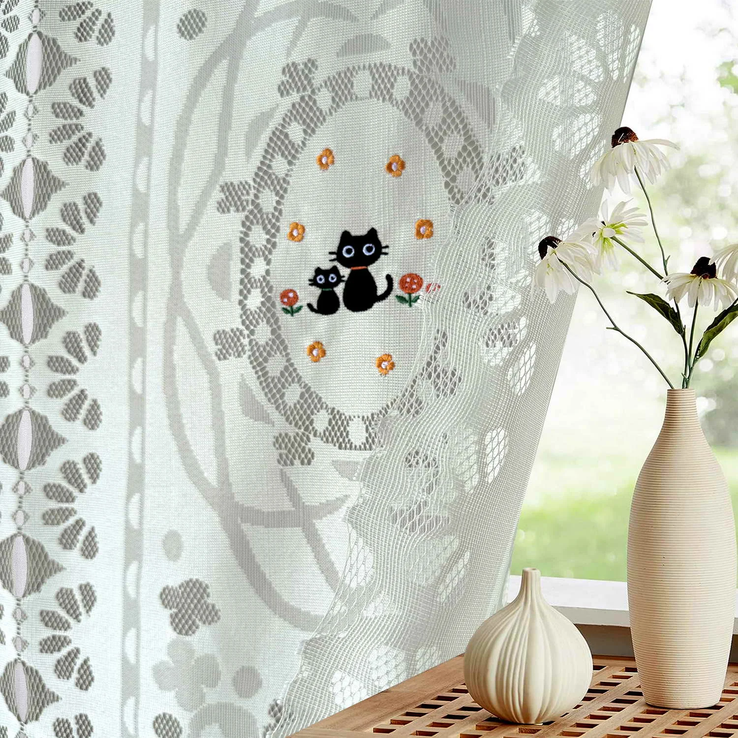 Japanese Style Doorway Curtains Noren, Cat Embroidery Lace Short Curtains for Shops, Kitchen Hollow Design Light Filtering Drape