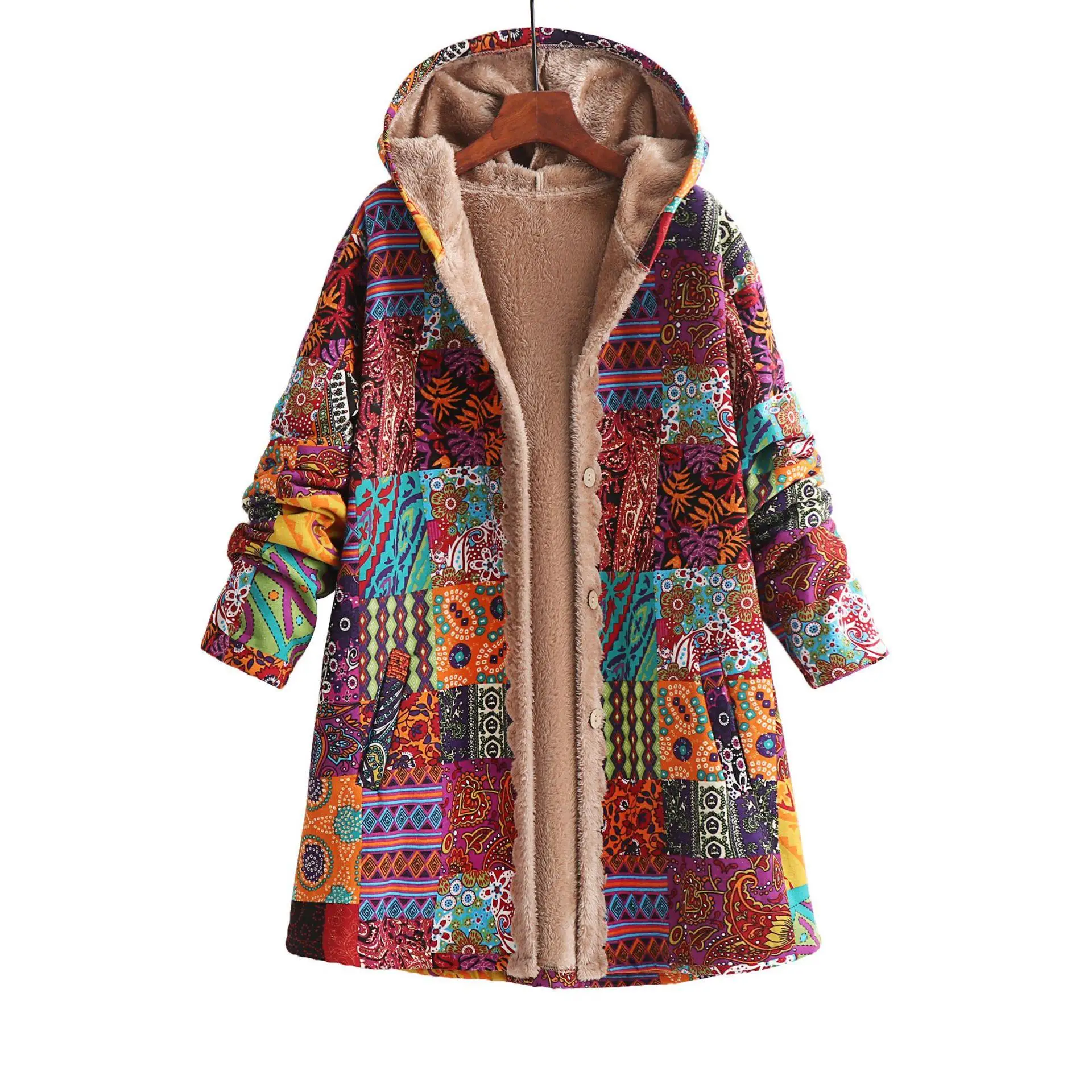 

Women's Cotton Linen Printed Hooded Sweatshirt Vintage Style Long Sleeve Geometric Pattern Middle-aged Suitable