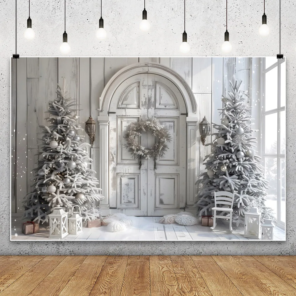 Christmas Photography Backdrop White Wood Wall Xmas Tree Gifts Background for Christmas Party Decoration Family Gathering Props