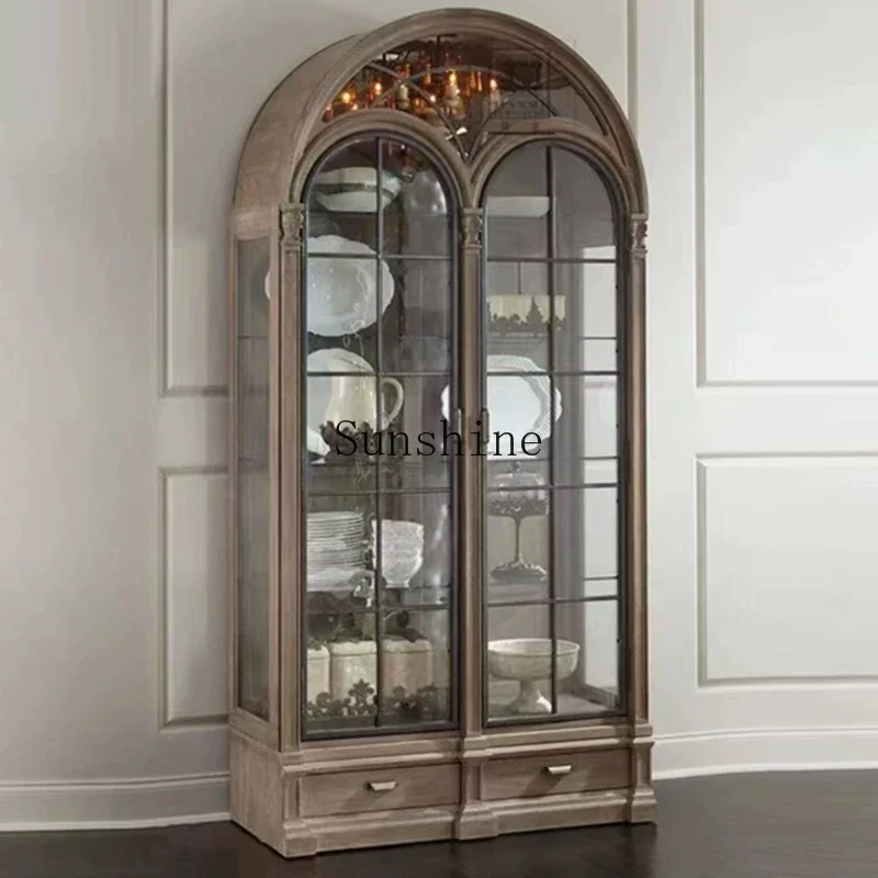 

Solid wood arched wine cabinet retro living room glass door dust display cabinet