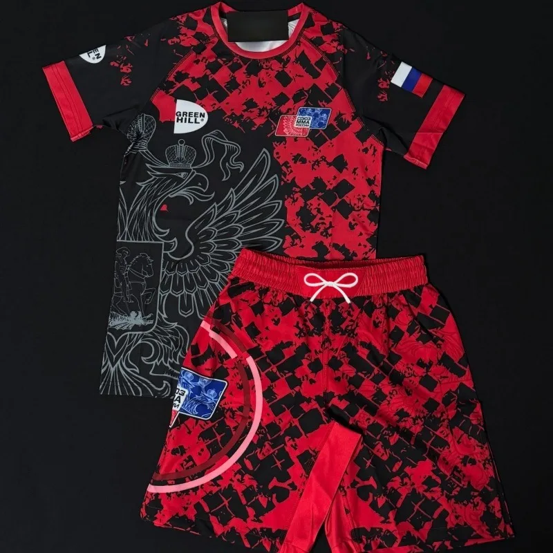 

2026 New Red and Black Color Block Russian Fighting Suit Set for Men - Quick-Drying Anti-Abrasion Shirt and Shorts Training Suit