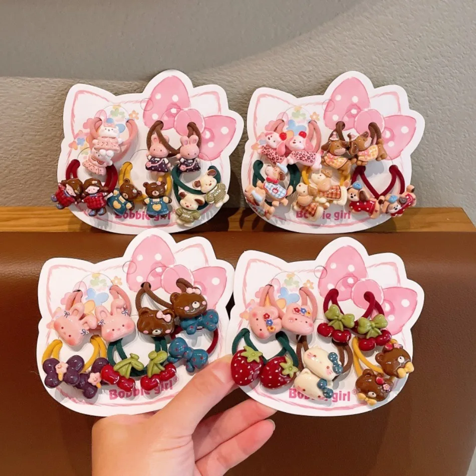 Stretchy‑elastic Kids Cartoon Animal Fruit Hair Ties Bear Rabbit Strawberry No‑damage Ponytail Holders Toddler Hair‑tie Set ZX07