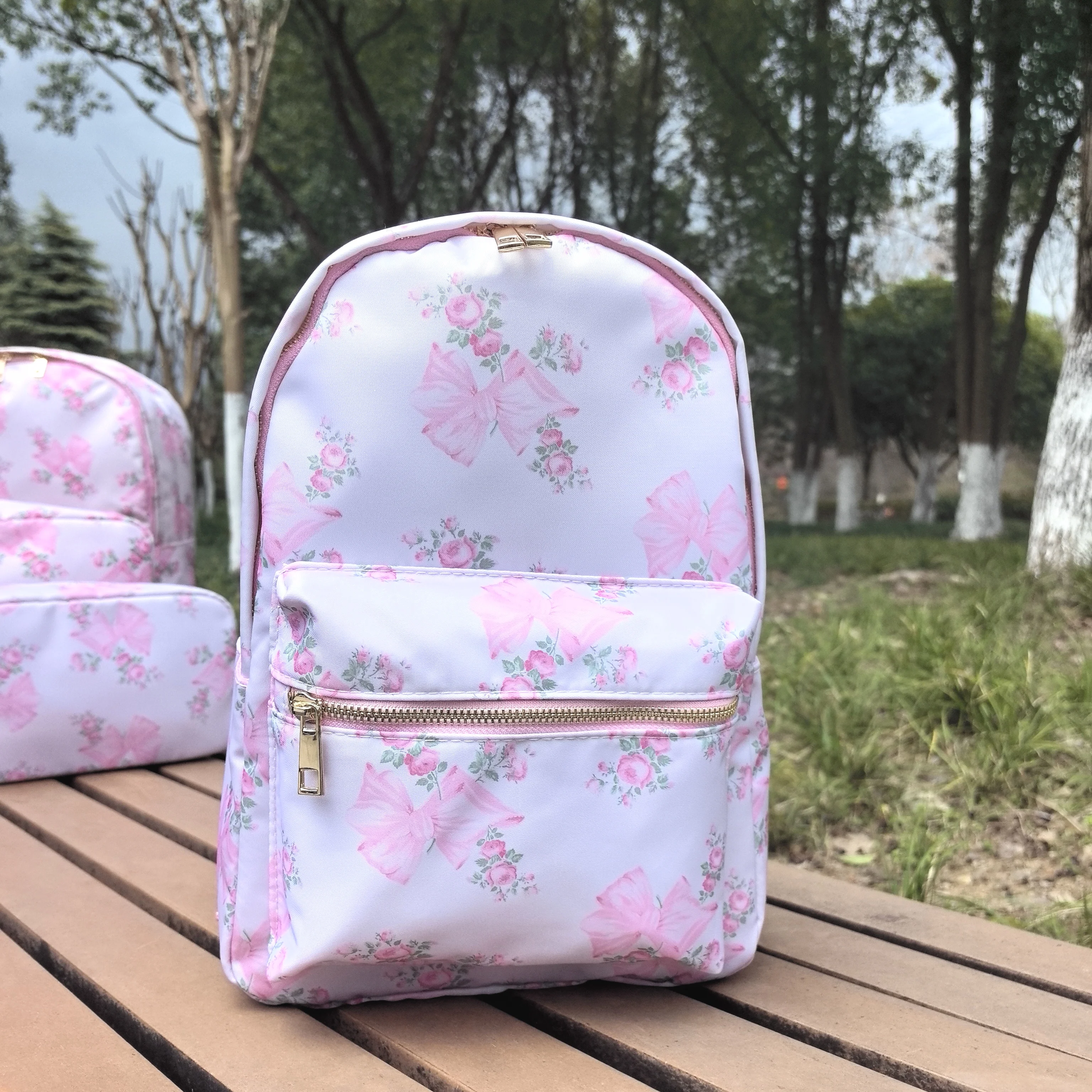 Large Capacity Pink Waterproof Backpack Floral Bowknot Nylon Backpack Bow Printed Flower for Women Girl Customizable Pattern