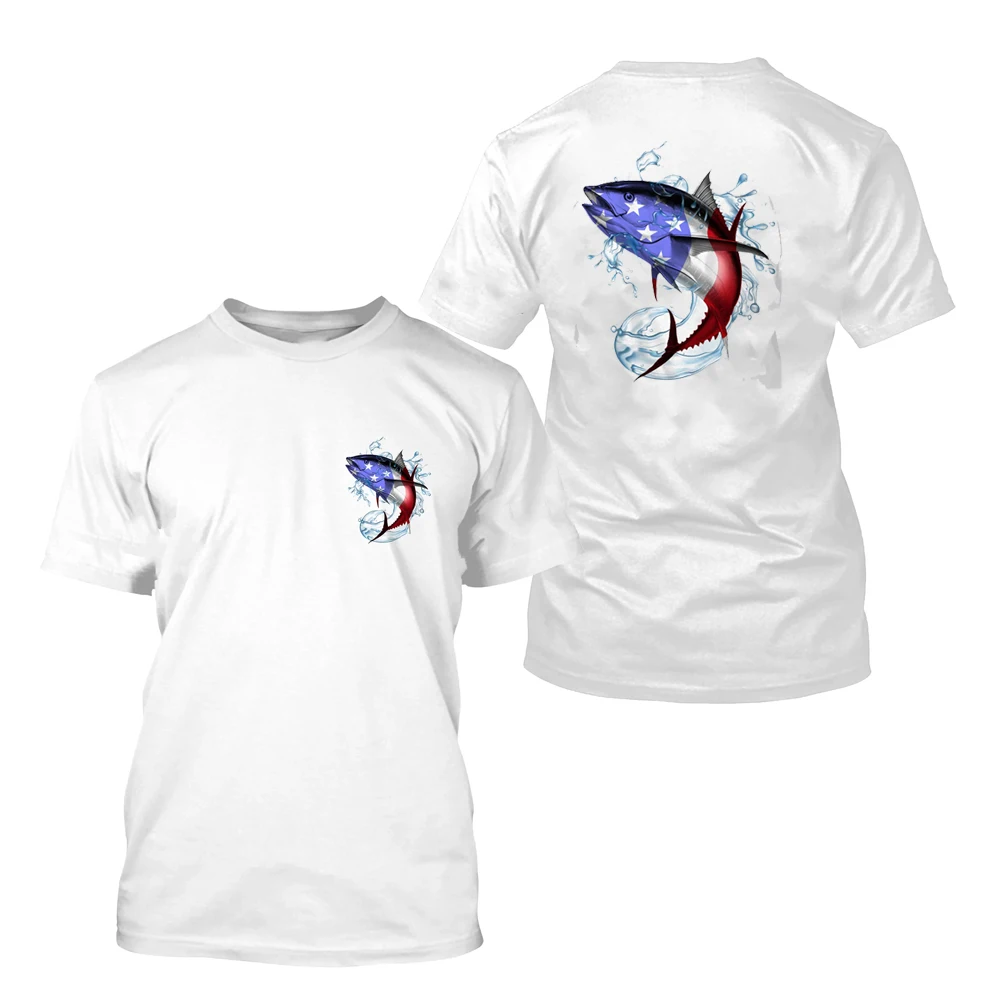 Camiseta con bandera americana de pesca atún, camiseta de manga corta de rendimiento de verano, regalos de pesca patrióticos, camisetas de secado rápido