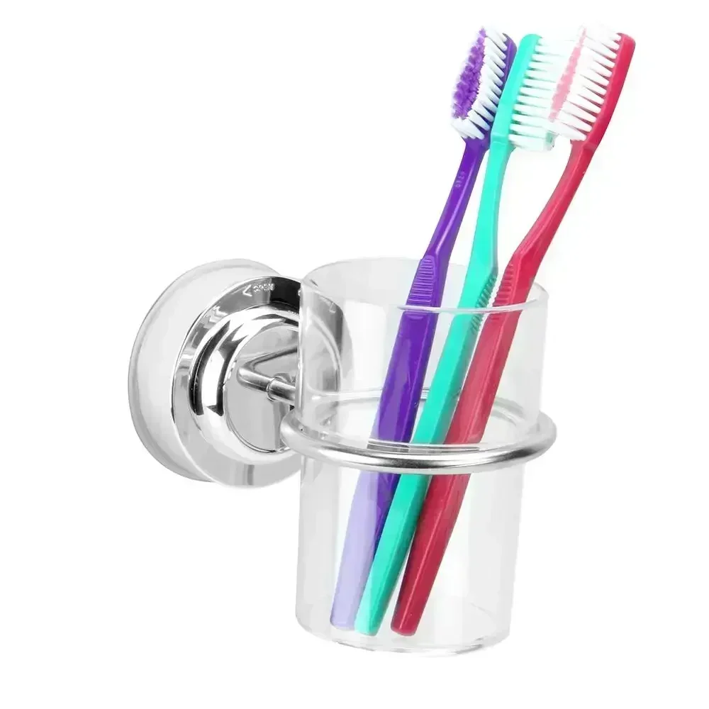 1pcs Stainless Steel Suction Cup Holder With Plastic Cups 8x15x14 Cm Sleek Chrome Design For Any Bathroom Home Improvement