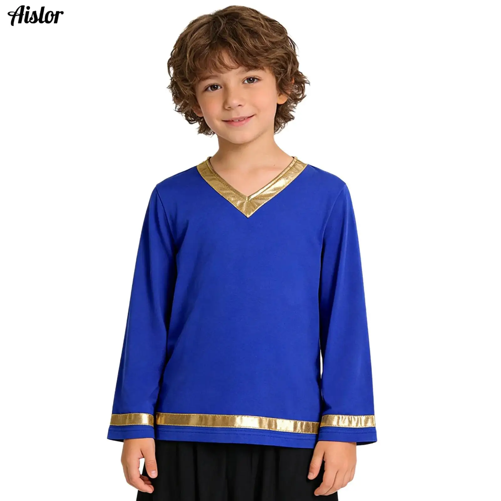 

Kids Boys Girls Liturgical Praise Dance Top V Neck Long Sleeve Metallic Color Block Blouses Pullover Top Choir Church Dancewear