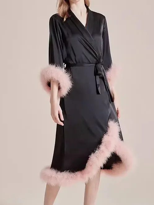 

Elegant Fairy Tale Wedding Nightgown Feather Boho Sleepwear V-Neck Long Sleeve Silk Slip for Women Casual Summer Morning Robe