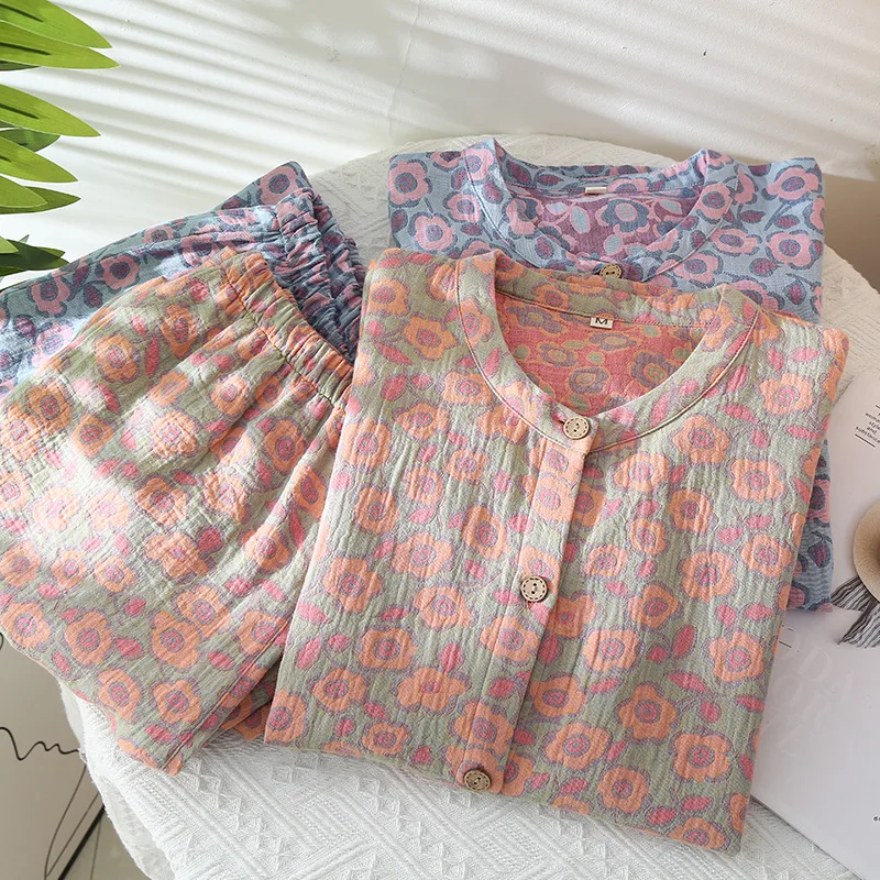 Conjunto de pijama de algodón con estampado de flores para mujer, ropa de casa de manga larga, estilo Retro, Otoño e Invierno