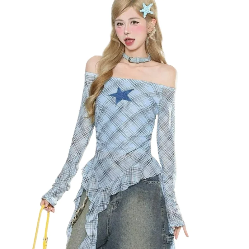 

American Retro Checkered Ribbon One-shoulder Long-sleeved T-shirt for Women Spring/Autumn New Fashion Slimming Top for Hot Girls