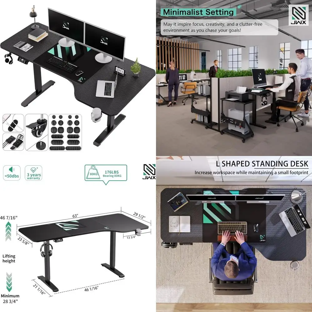 

63, L-образный электрический регулируемый стол для игр с запирающимися колесами, подстаканником и крючком для наушников