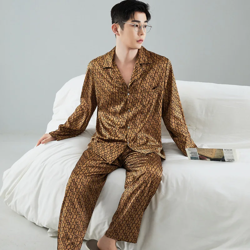 2024 European-Style Printed Pajamas Men's Satin Ice Silk Satin Sense Home Wear Spring/Summer Thin Casual Plus-Size Pyjamas Sets