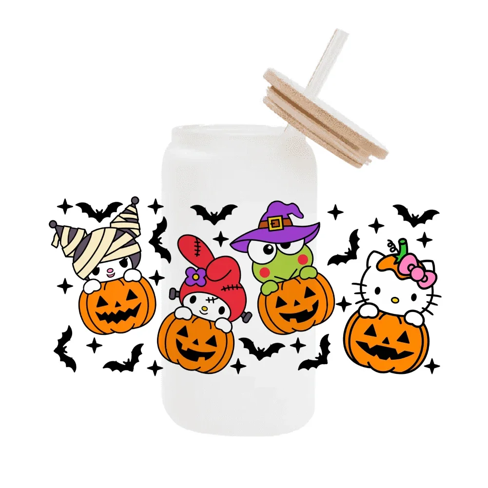 Halloween Sanrio Hello Kitty New Halloween Pumpkin Head Cartoon UV DTF Cup Mug Wraps Sticker DIY 3D Deca For 16oz Libbey Glass