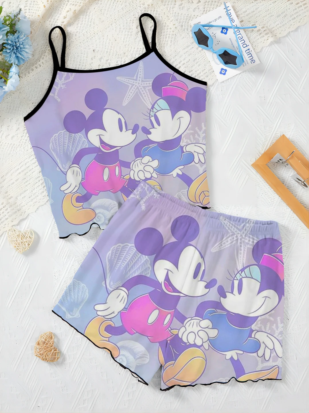 T-Shirt Home Dress Minnie Mouse Disney Sla Trim Korte Sets Voor Dames 2 Stuks Pyjama Rok Dames Pak Mickey Elegante Top