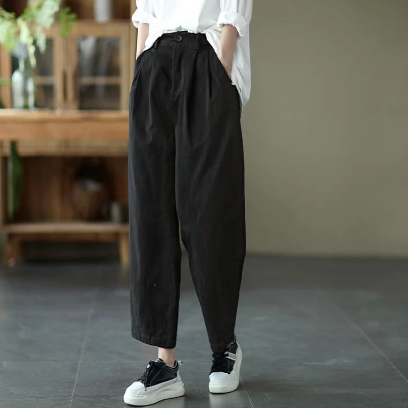 Fashion Women High Waist Trousers 2022 Spring Harem Pants Vintage Solid Casual Loose Buttons Ankle-length Pants Wide Leg Pants