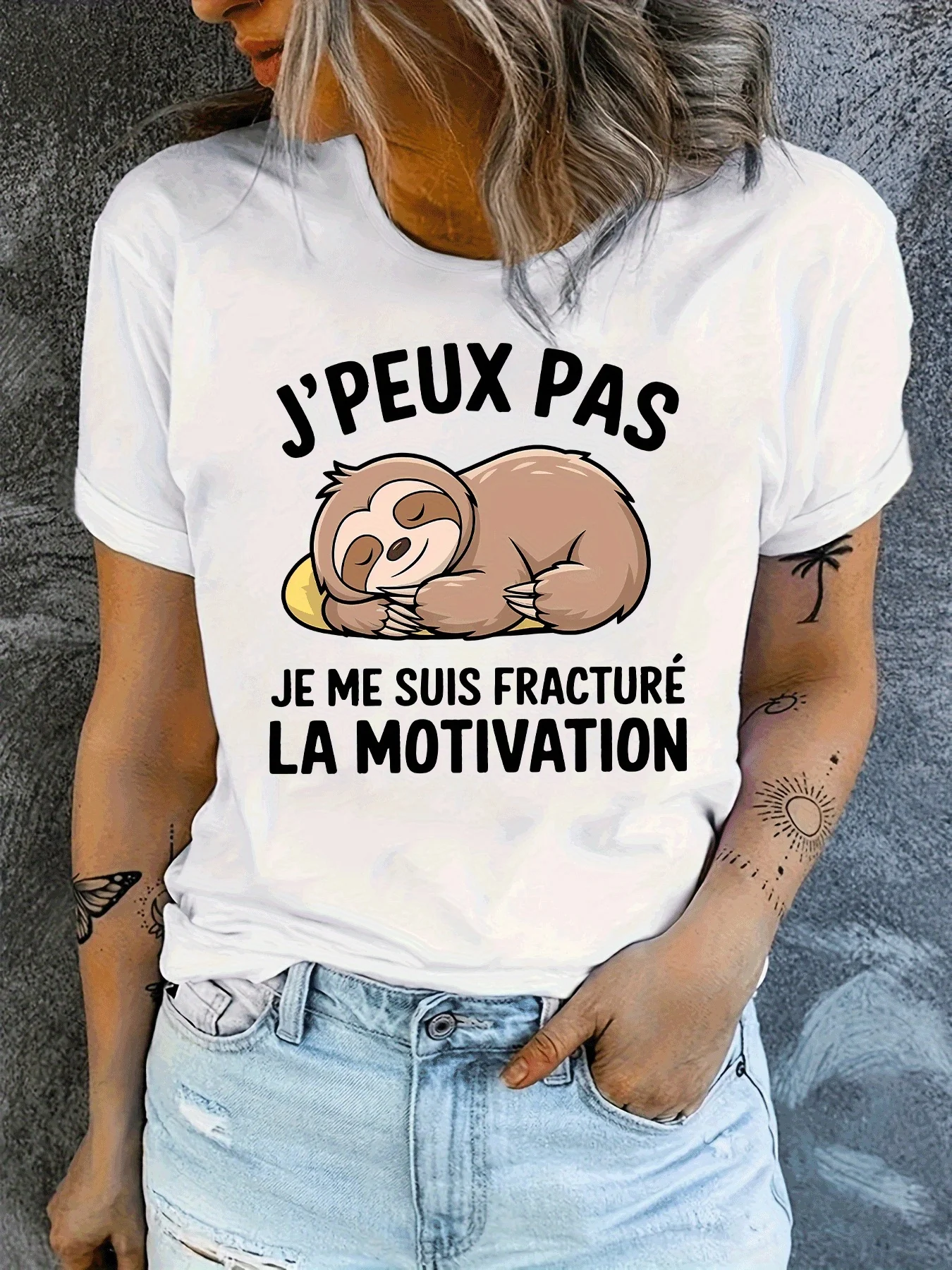 T-shirt paresseux T-shirt graphique paresseux de motivation française |   Slogan humoristique "Motivation à travers la fracture" Harajuku manches décontractées