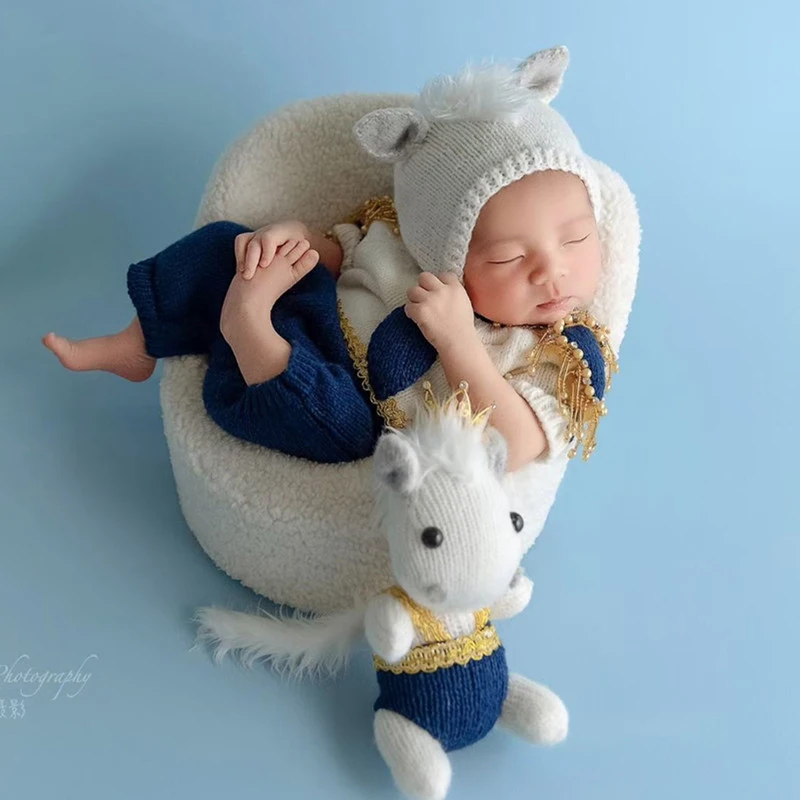 ❤️Newborn Photography Clothing Hat+Jumpsuit+Doll*1 Baby Boy Photo Props Accessories Studio Shoot Horse Clothes Outfits