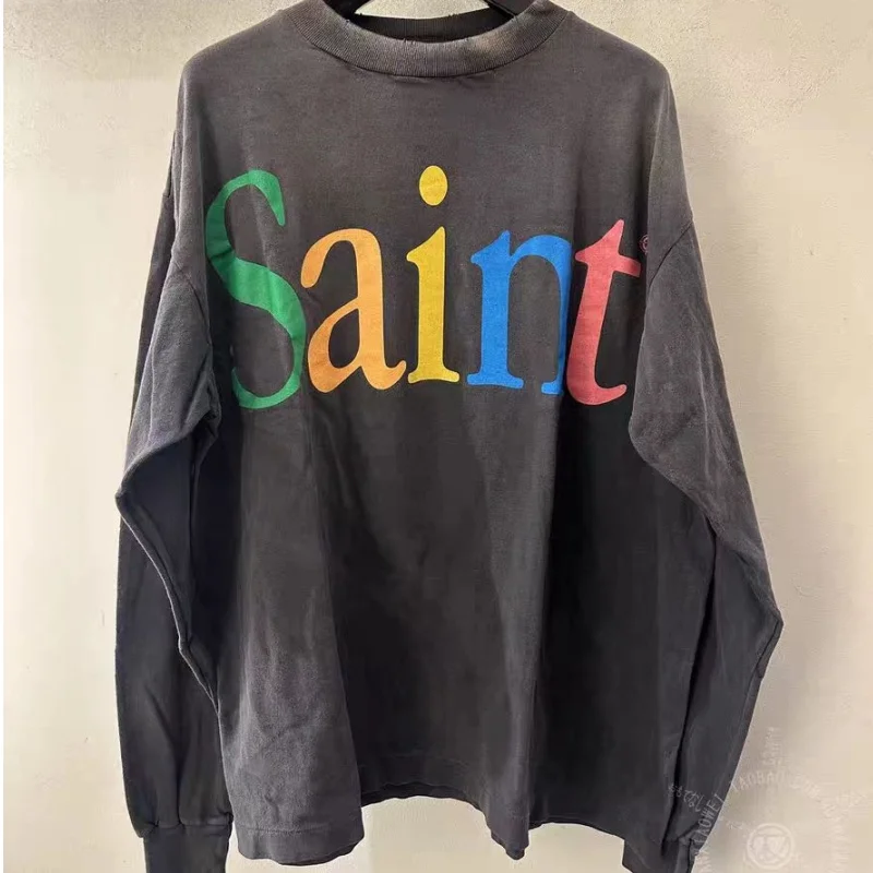 

Хлопковая футболка Saint в стиле ретро, акварельный цвет, выцветший цветной принт, свободный пуловер для мужчин и женщин, повседневная футболка с длинными рукавами