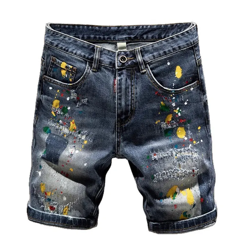 Jeans da uomo di moda firmati estivi Jeans corti strappati dipinti elasticizzati blu retrò da uomo Pantaloncini di jeans casual vintage Hip Hop Hombre