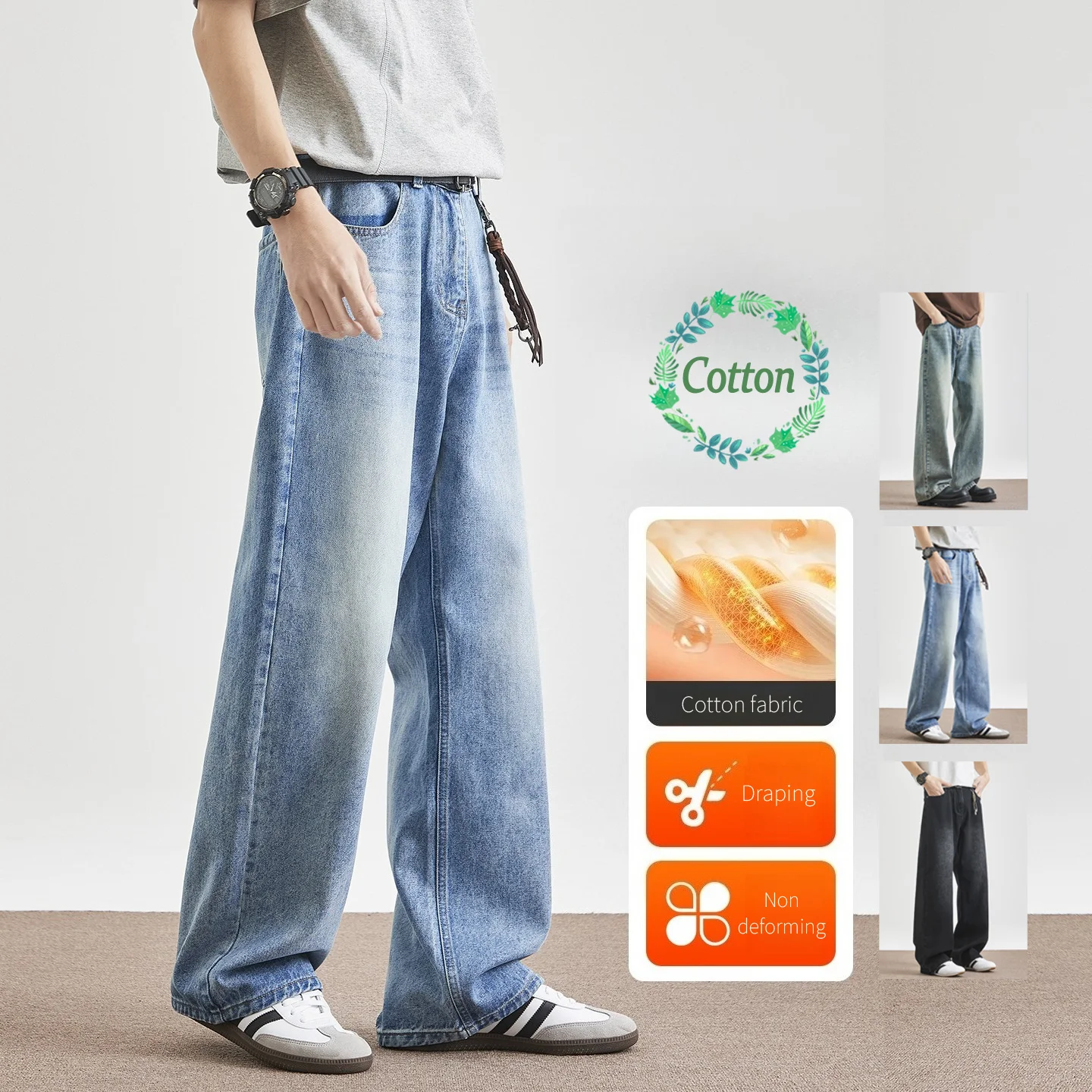 

High Quality New Spring Summer Cotton Men's Jeans Loose Straight Wide Leg Pants Breathable Stretch Blue Casual Trousers Male