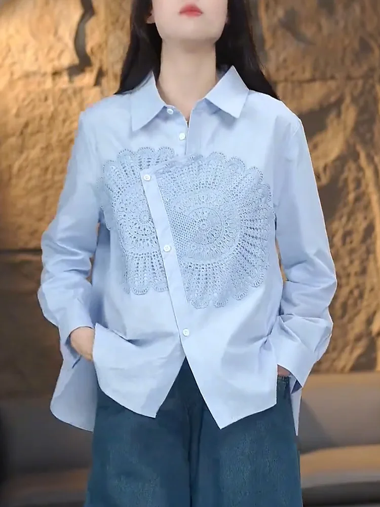 

Модный топ Ele Splicing Hook Flower для женщин больших размеров, стройнящий силуэт, осенняя новинка, коллекция Ele Sle.