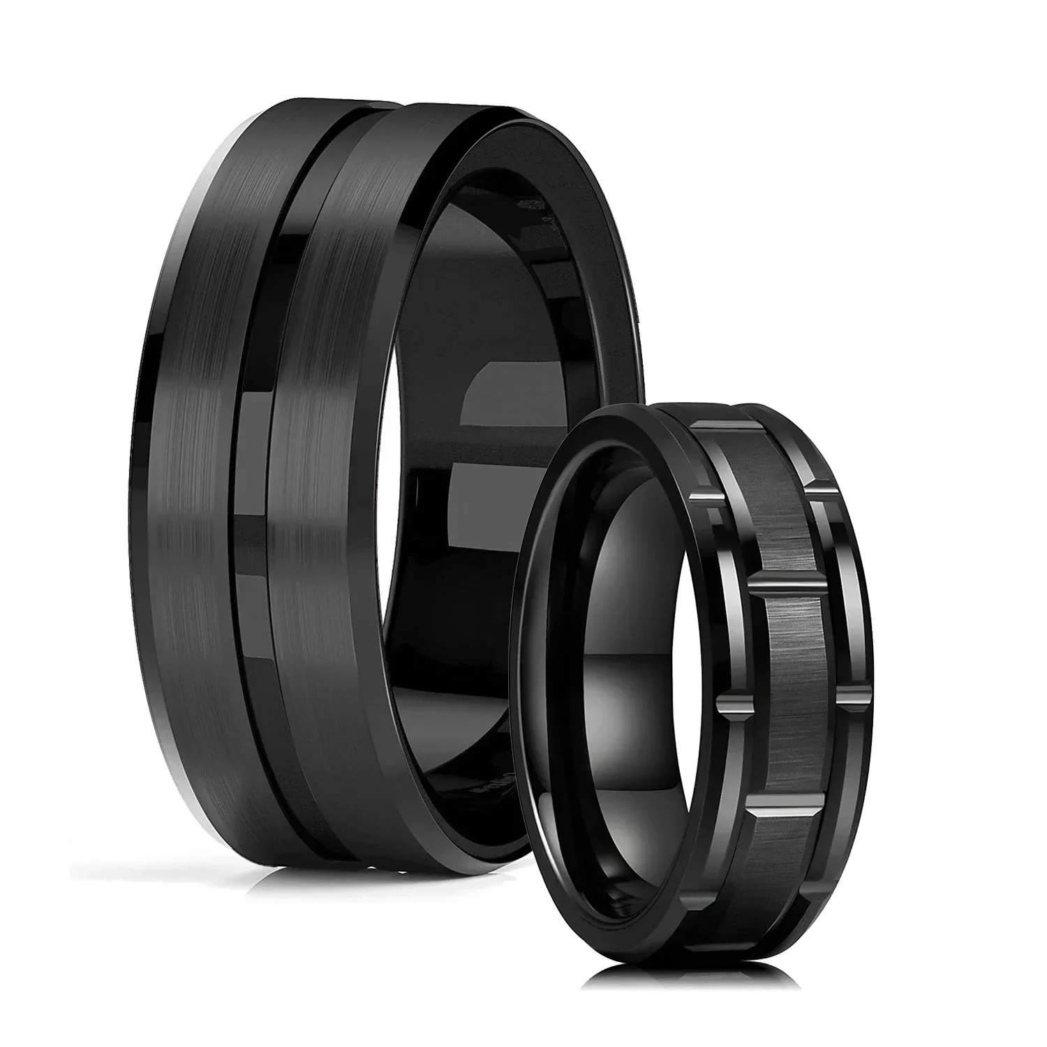 Classic Men's 8mm Black Tungsten Wedding Rings Double Groove Beveled Edge Brick Pattern Brushed Stainless Steel Rings For Men