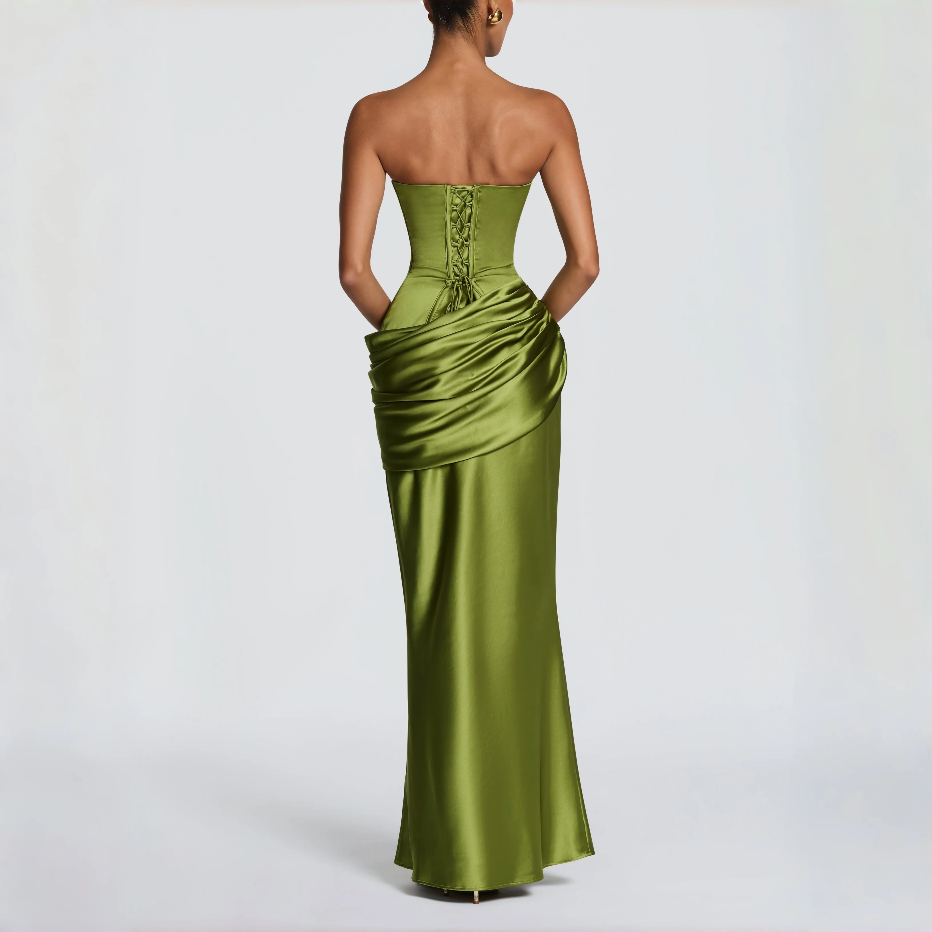 Detachable Off Shoulder Satin Corset Mermaid Gown、Waist Ruched Lace Up Back Evening Dress、2 Ways Wear Formal Wedding Guest Gown view 6