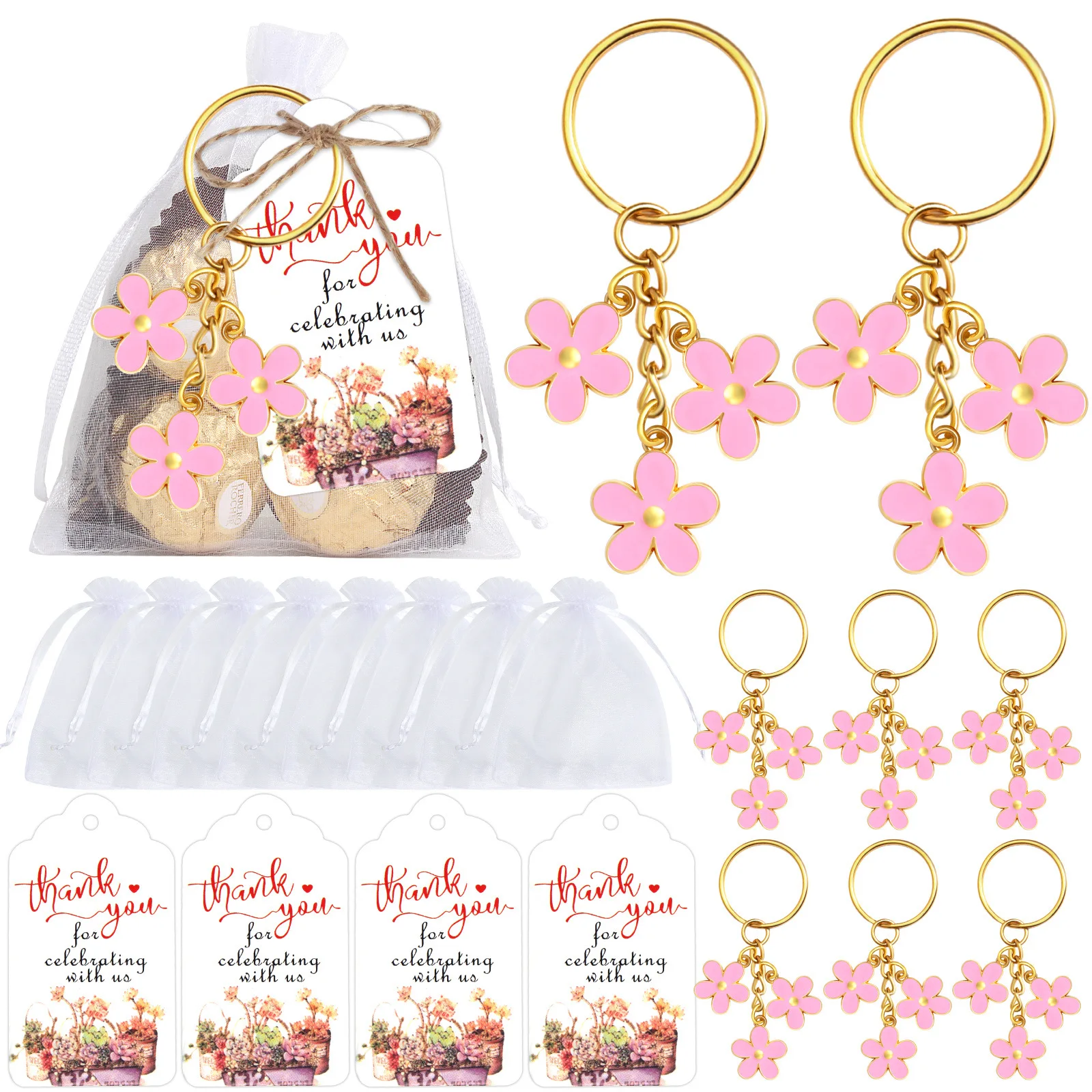 

12 Sets Flower Keychains Baby Shower Decorations with Thank You Labels and Yarn Bags Party Favors For Wedding Anniversary Gifts