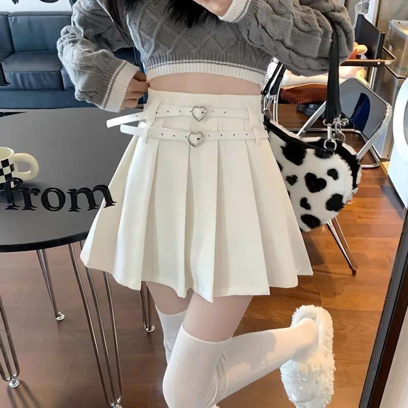 

Korean Style Fashion Pleated Skirt For Women Black Double Belt High Waist A-line Skirt Y2k Short White Skirt Mini JK Clothes