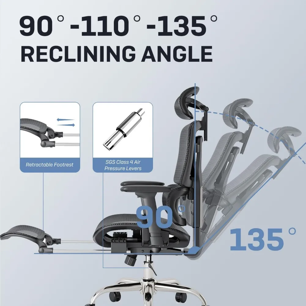 Breathable Mesh Chair with Adaptive Lumbar Support, 3D Headrest, Armrests, Retractable Footrest,Adjustable Backrest